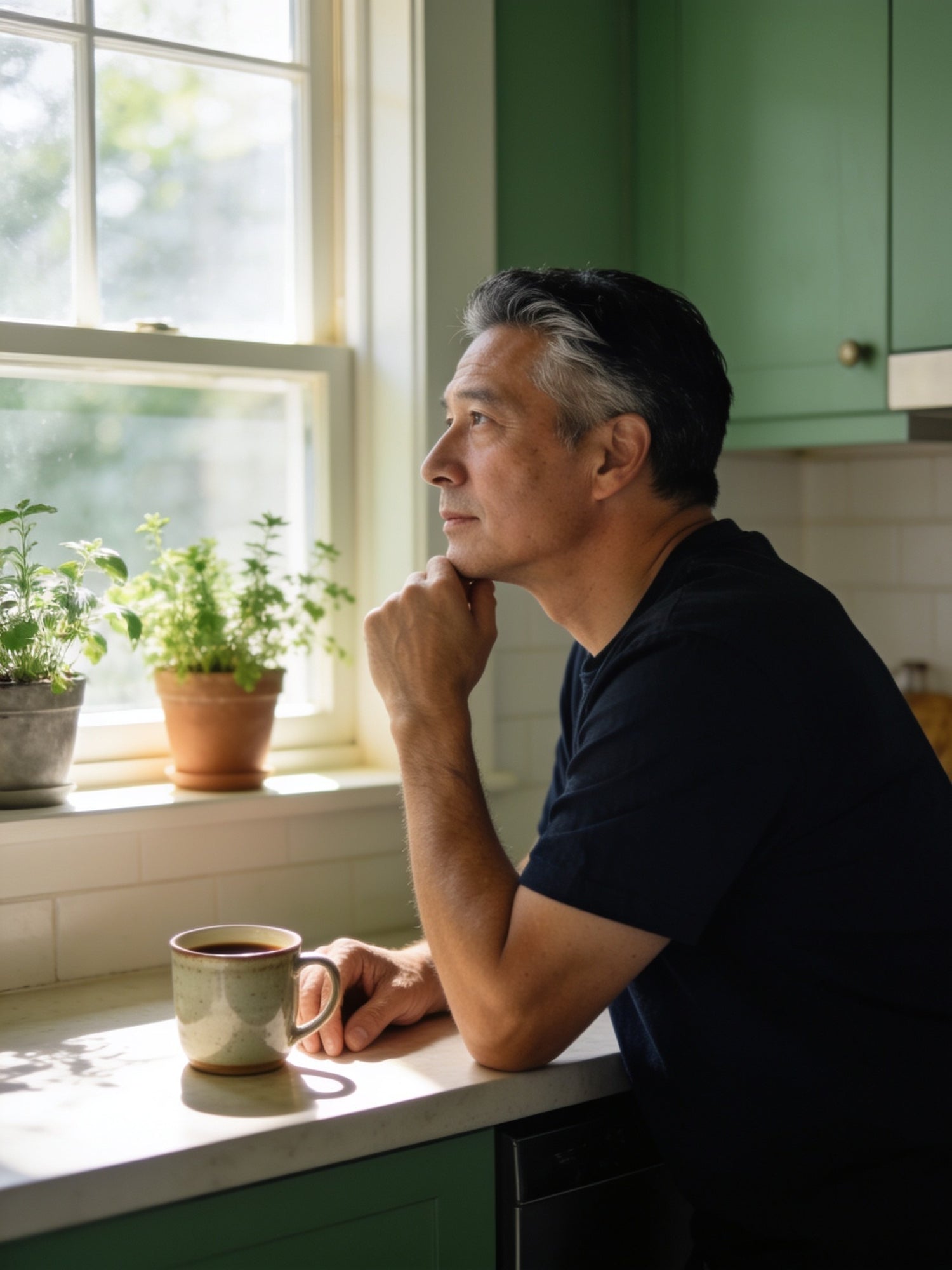 Man in his 50s pausing thoughtfully with coffee at a sunlit kitchen counter