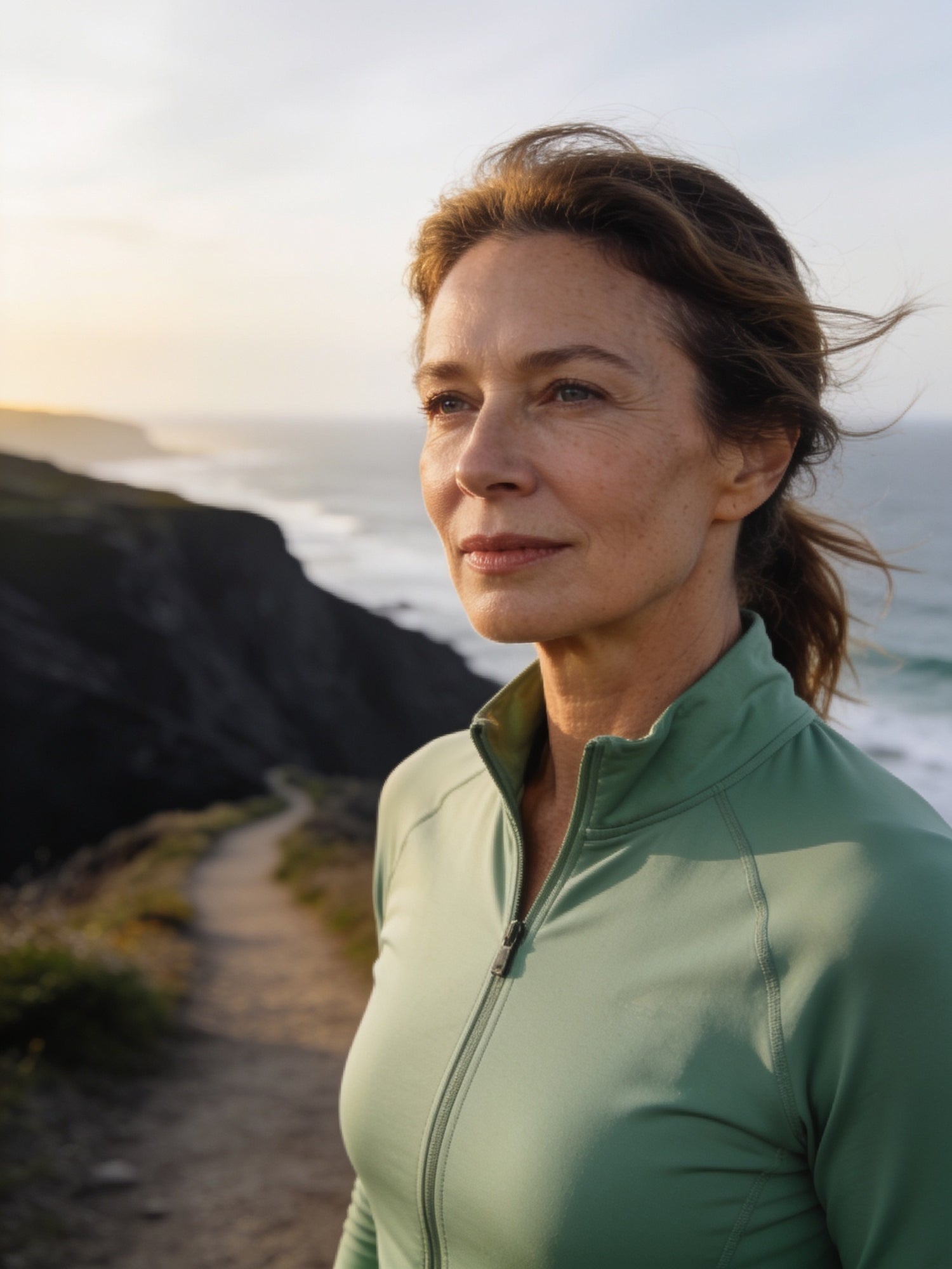 Woman in her 50s on a coastal cliff path in golden morning light