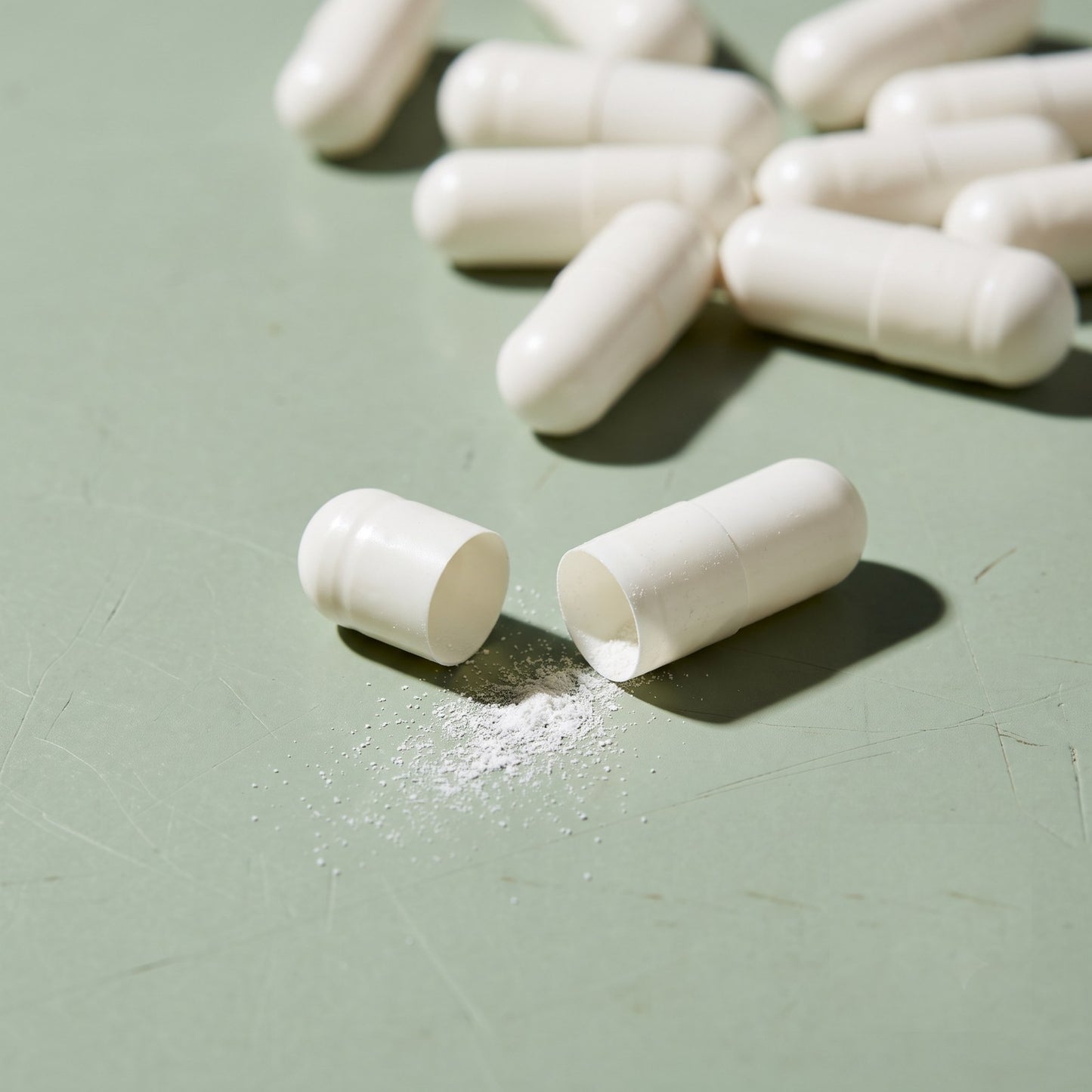 White NMN capsules on a sage surface, one pulled apart and nearly empty