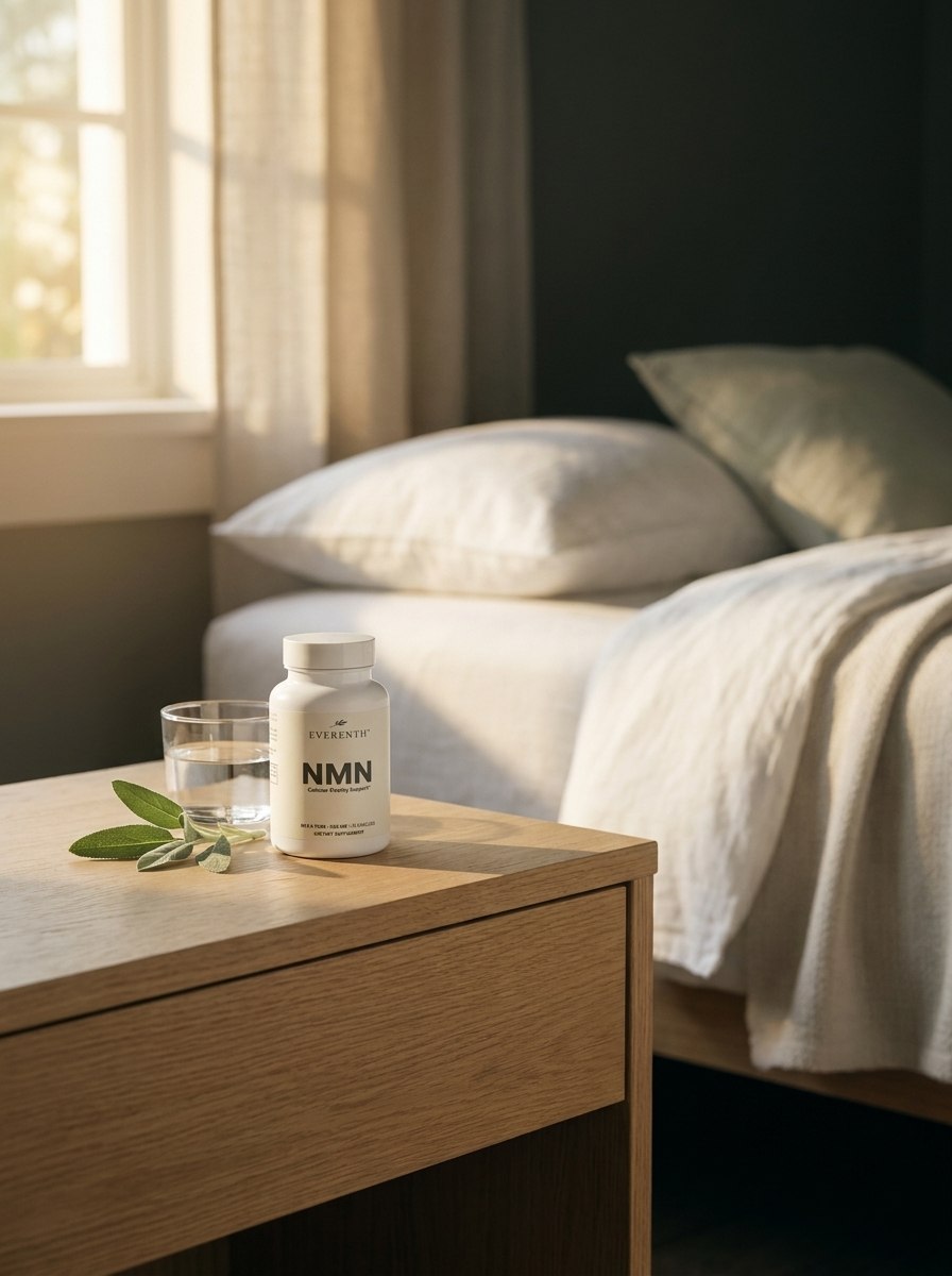 Everenth NMN bottle on a nightstand in soft morning light with water and fresh sage